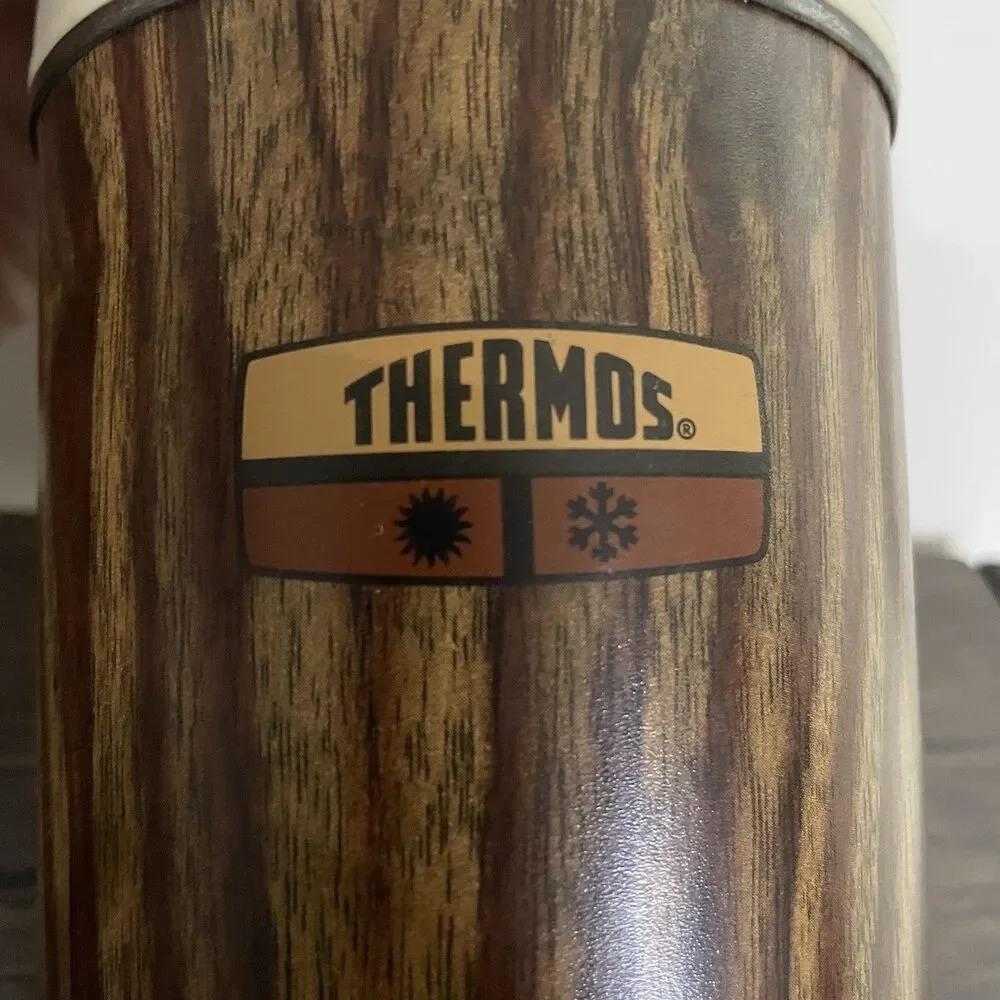 VINTAGE 1970s Wood Grain Thermos King Seeley 10oz Metal 73A63 763 70F Hot & Cold